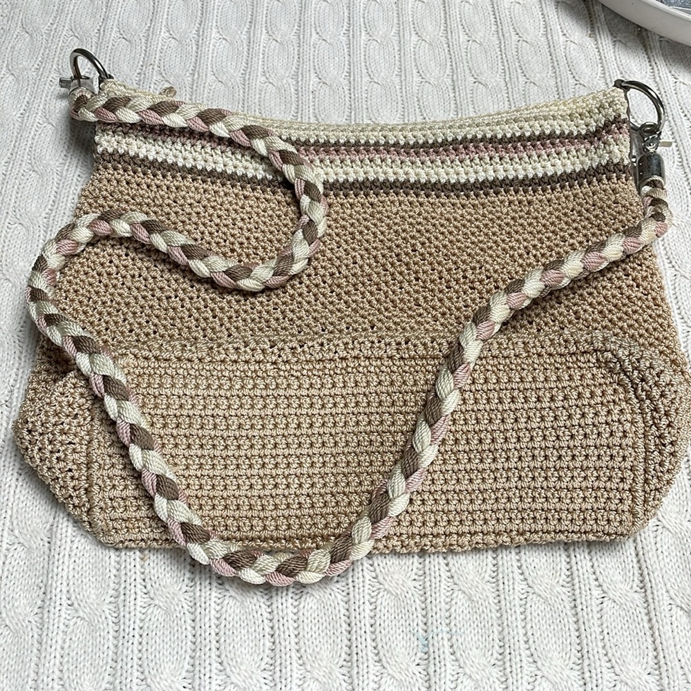 The Sak tan crocheted woven crossbody bag Braided shoulder strap metal hardware
